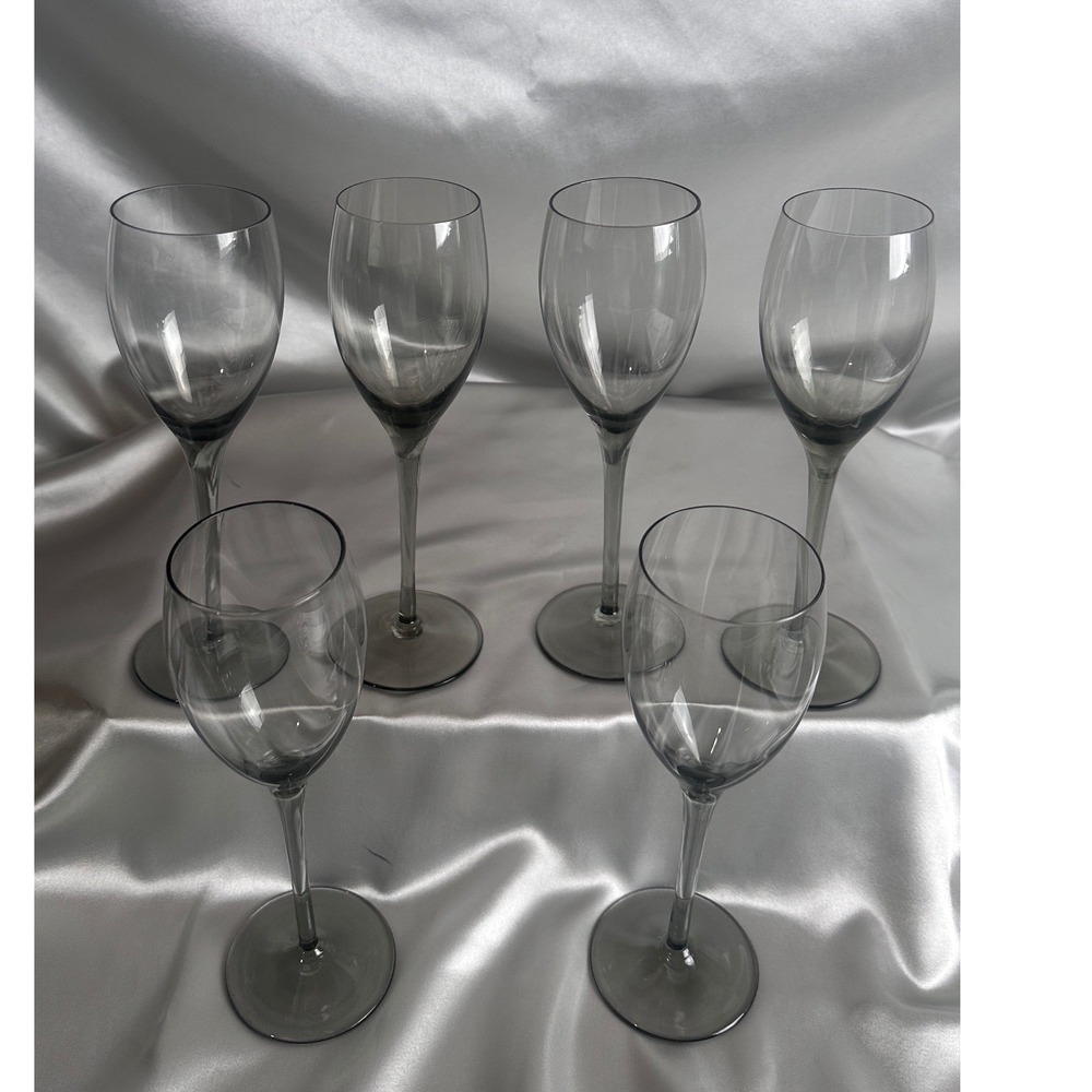 Smoky Grey Crystal Wine Glasses Similar to Baccaret Set of 6 Long Stem